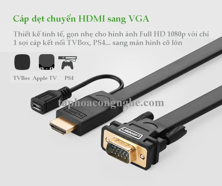 Ugreen 30451 3M màu Đen Cáp chuyển đỗi HDMI sang VGA kèm cổng trợ nguồn Micro USB MM101 30030451